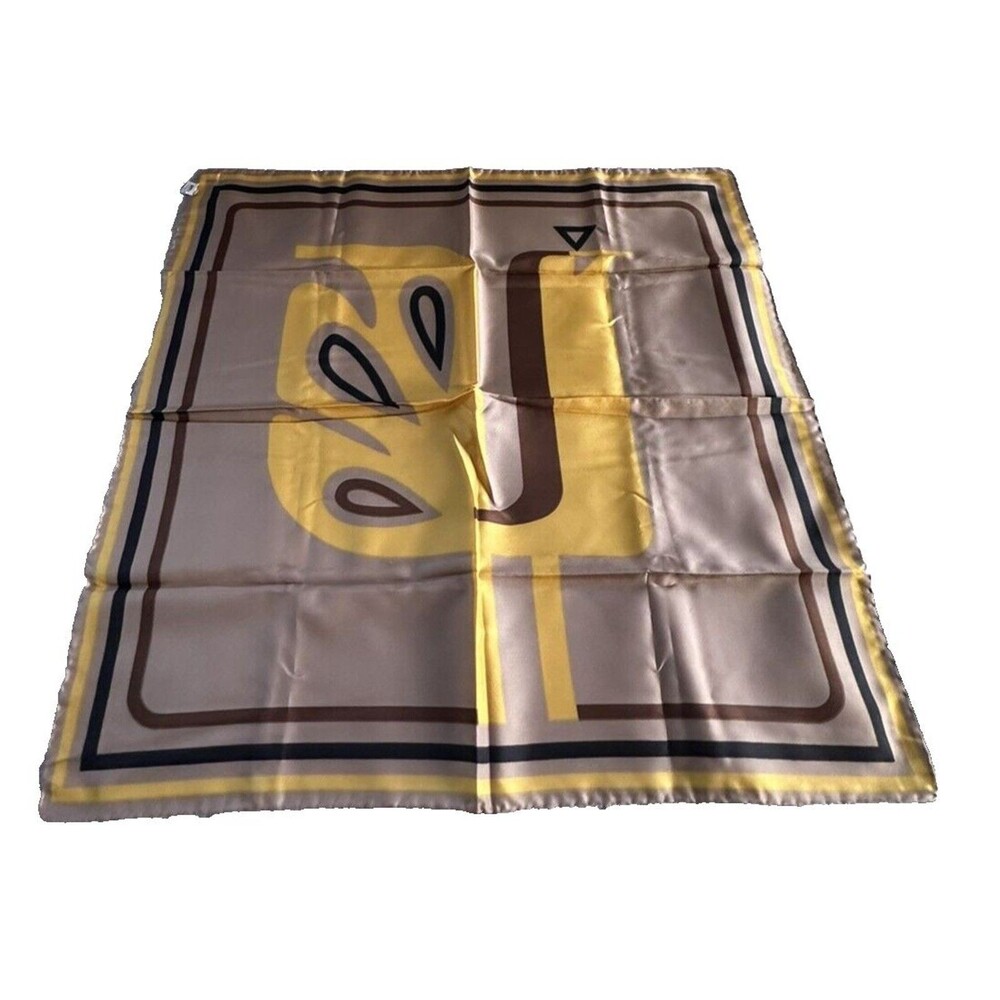 Vintage Trevira Scarf Bird Design Brown Yellow Black Tan 1970's 27 inch Square